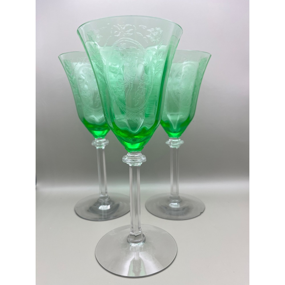 European Uranium Hock Wine Goblets Etched Classic Lady Putto Green Set As Is